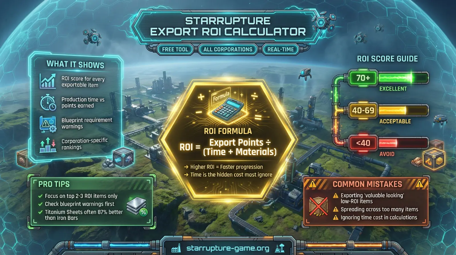 StarRupture Export ROI Calculator guide showing ROI formula, score ratings, and tips for choosing best exports